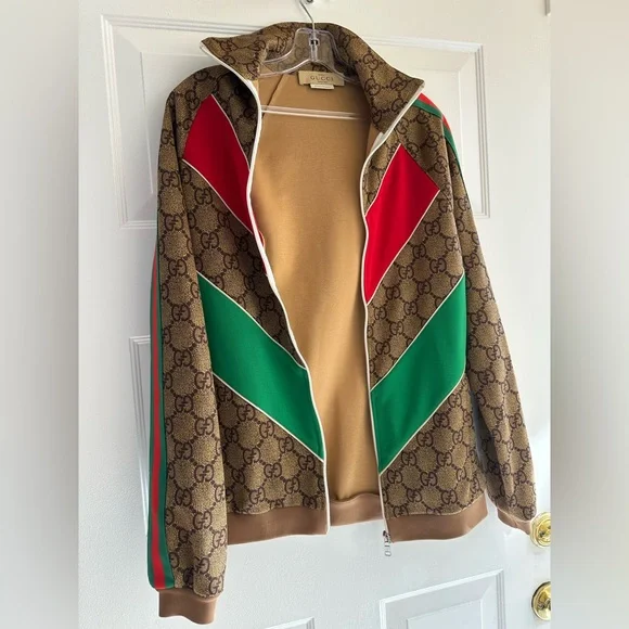 Gucci Brown GG Logo Jacket with Red and Green Stripes